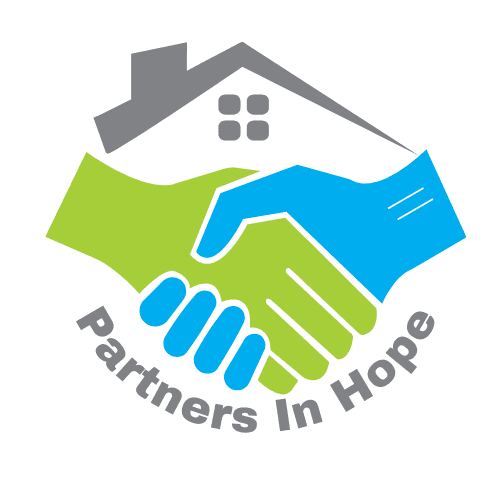 Partners In Hope logo: a green and blue handshake under a gray roof
