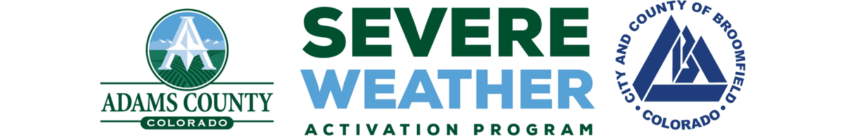 Adams County, Colorado logo, the Severe Weather Activation Program wordmark, and the City and County of Broomfield seal